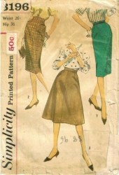 3196 SIMPLICITY 1959 SLIM - FLARE SKIRTS PATTERN 25" WAIST